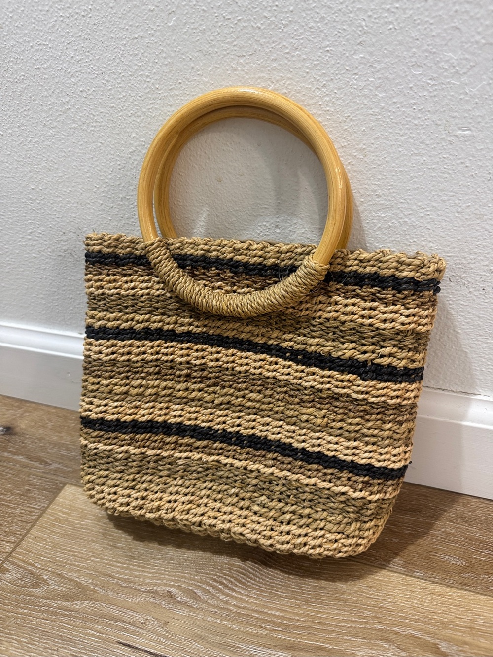 Vintage Natural Straw Tote with Black Stripes and Bamboo Rings
